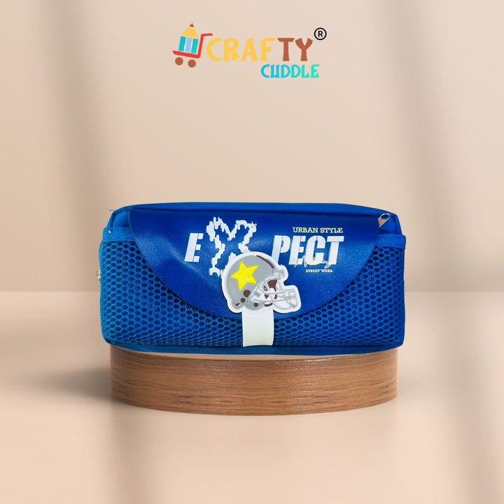 Blue mesh pencil pouch for kids with ‘EXPECT’ print and football keychain | Stylish school stationery organizer by Crafty Cuddle