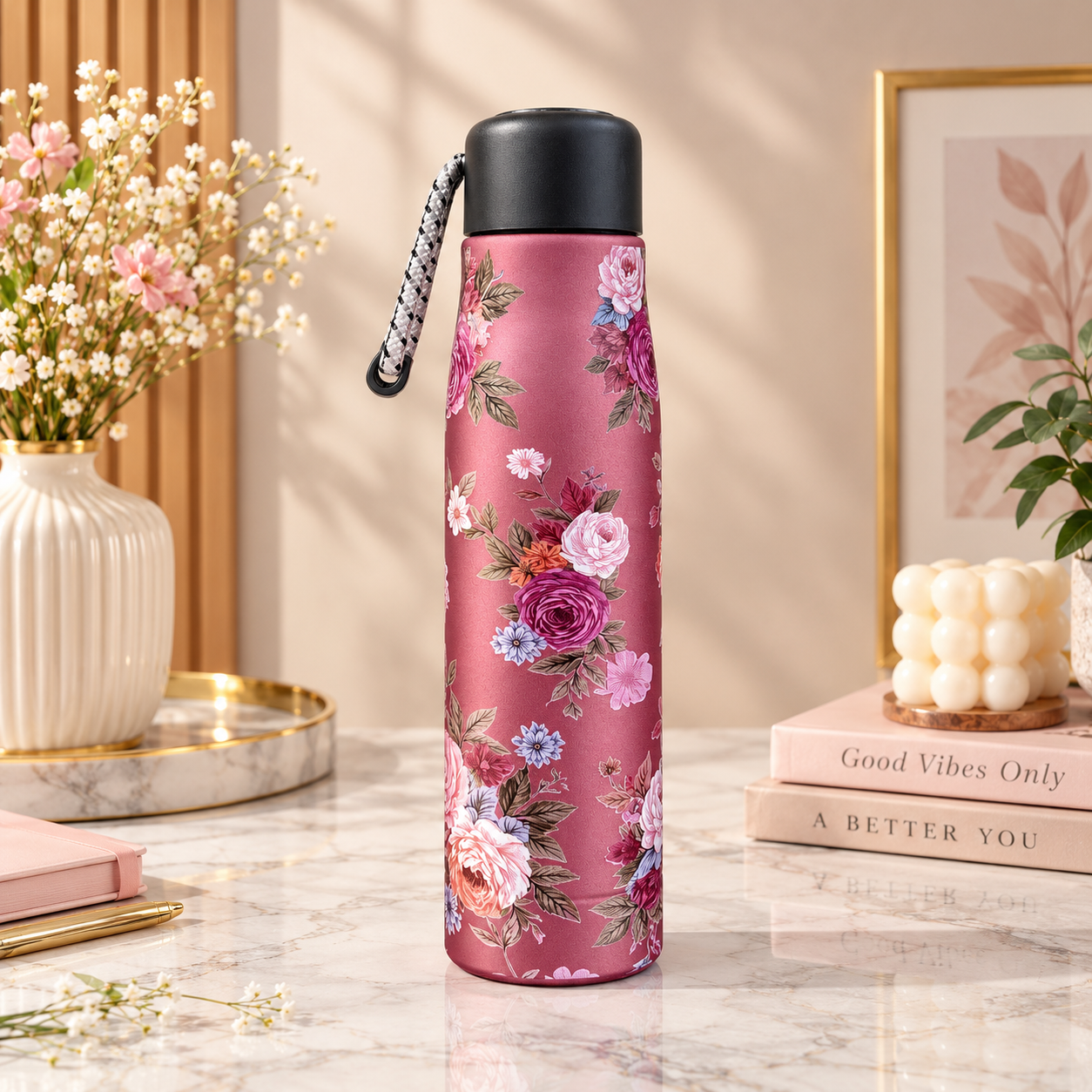 A tall reusable water bottle with a pink floral print and a black lid stands on a marble surface in a styled interior scene with flowers, books, and framed art in the background.