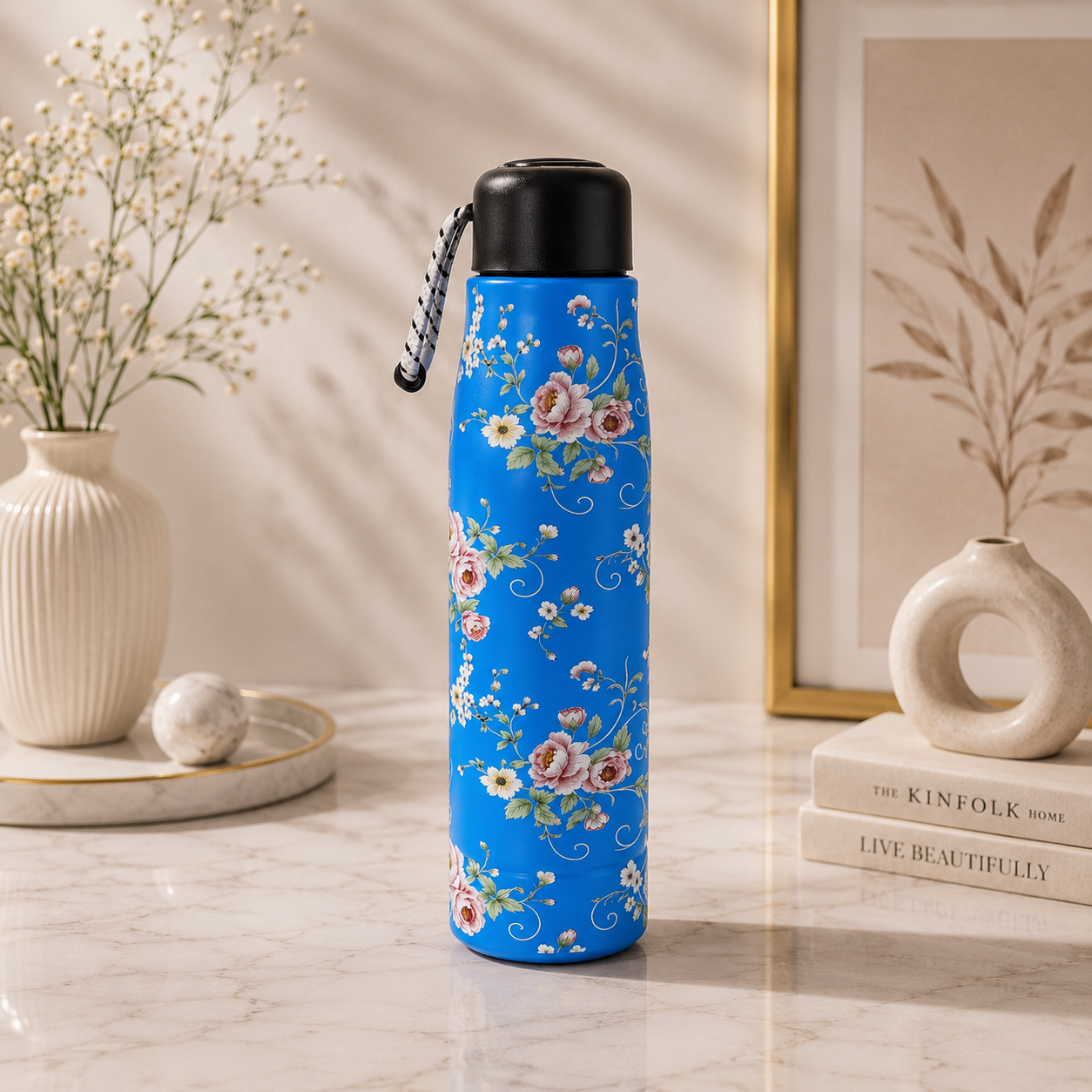 A blue reusable water bottle with a floral print pattern and a black lid, standing on a marble surface in a styled interior setting with books, a vase, and framed art.