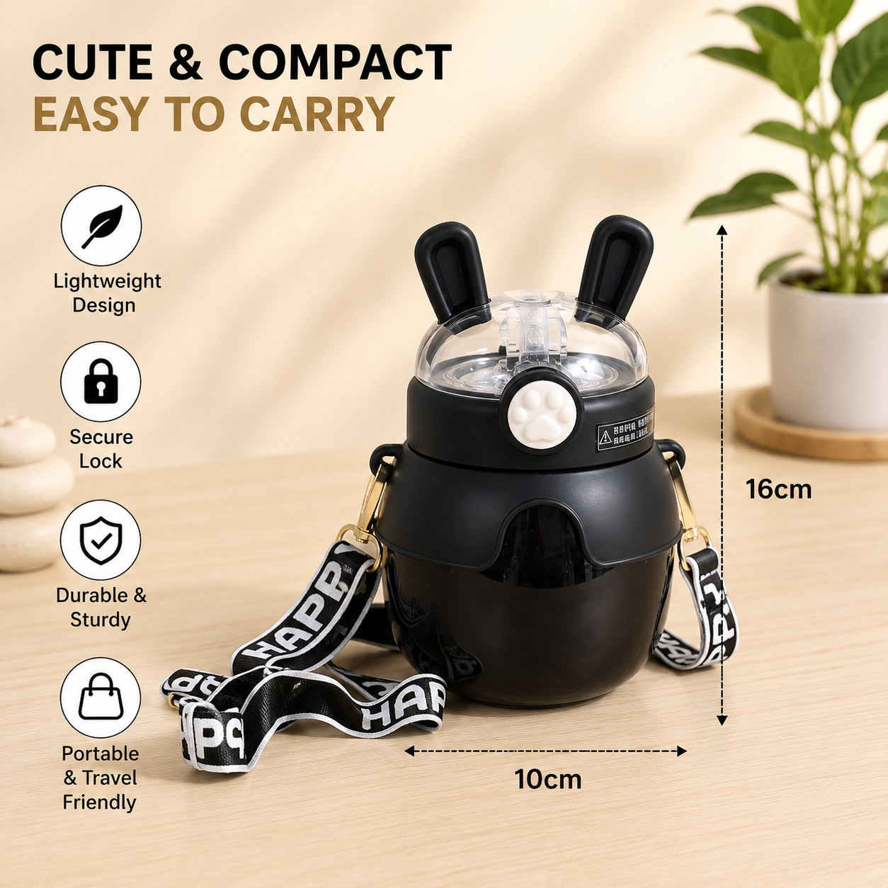 Rabbit Water Bottle with Straw & Secure Lock