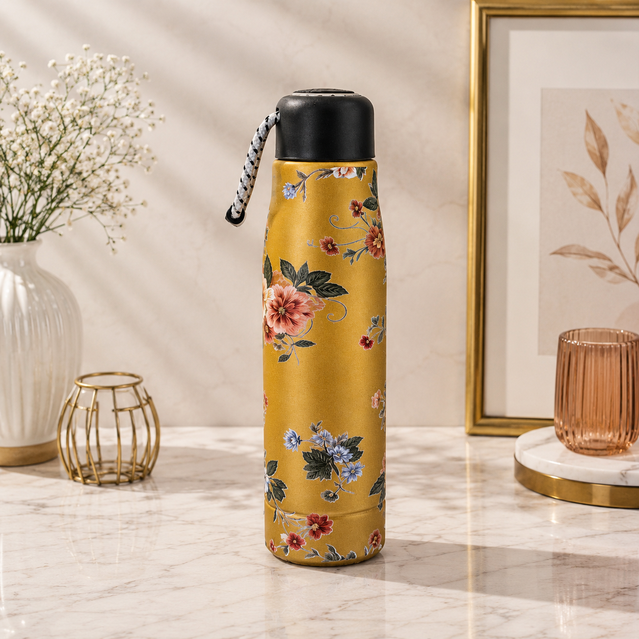 A tall insulated water bottle with a black lid and carrying loop, decorated with a golden-yellow floral print, standing on a marble countertop in a styled interior setting.