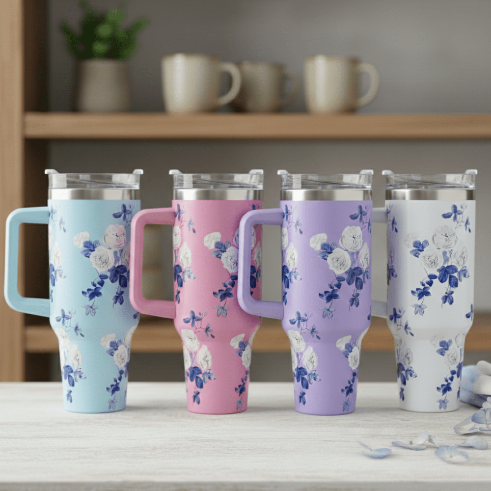 Floral Print Stainless Steel Insulated TumblerTumblersCRAFTY CUDDLEFour floral - patterned tumblers on a table with a blurred backgroundSky BlueFloralTumbler 1200mlTumbler InsulatedTumbler StainlessSteelCup PastelAesthetic TravelMug HotAndColdCup HydrationGoals AestheticDrinkware LargeCapacityBottle