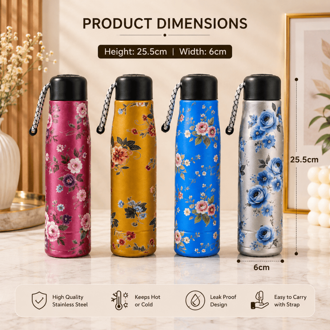 Floral Stainless Steel Water BottleInsulated Water BottleCrafty CuddleFour insulated stainless steel water bottles with floral prints are shown on a tabletop with overlaid dimension labels reading 25.5 cm height and 6 cm width.MustardFloralWaterBottle StainlessSteelBottle 550mlBottle WaterBottle ReusableBottle StylishWaterBottle FloralBottle TravelBottle OfficeEssentials GymBottle EcoFriendlyBottle HotAndColdBottle LeakProofBottle BottleWithStrap EverydayEssentials