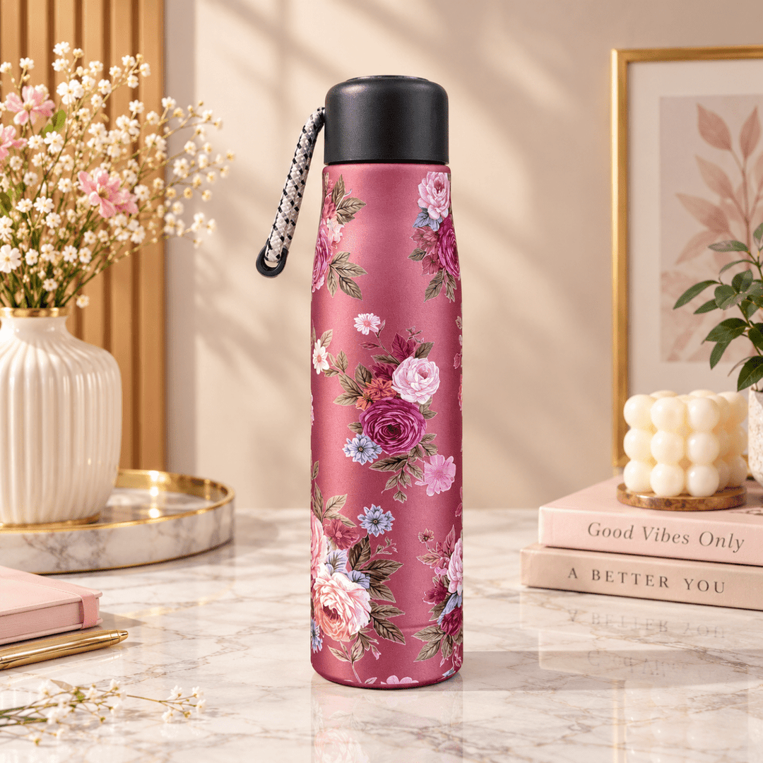 Floral Stainless Steel Water BottleInsulated Water BottleCrafty CuddleA tall reusable water bottle with a pink floral print and a black lid stands on a marble surface in a styled interior scene with flowers, books, and framed art in the background.PinkFloralWaterBottle StainlessSteelBottle 550mlBottle WaterBottle ReusableBottle StylishWaterBottle FloralBottle TravelBottle OfficeEssentials GymBottle EcoFriendlyBottle HotAndColdBottle LeakProofBottle BottleWithStrap EverydayEssentials