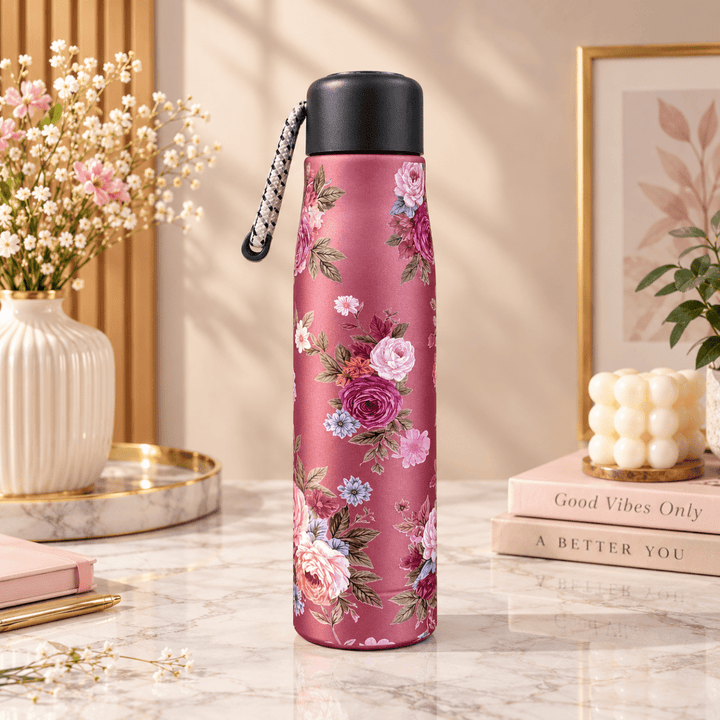 Floral Stainless Steel Water BottleInsulated Water BottleCrafty CuddleA tall reusable water bottle with a pink floral print and a black lid stands on a marble surface in a styled interior scene with flowers, books, and framed art in the background.PinkFloralWaterBottle StainlessSteelBottle 550mlBottle WaterBottle ReusableBottle StylishWaterBottle FloralBottle TravelBottle OfficeEssentials GymBottle EcoFriendlyBottle HotAndColdBottle LeakProofBottle BottleWithStrap EverydayEssentials