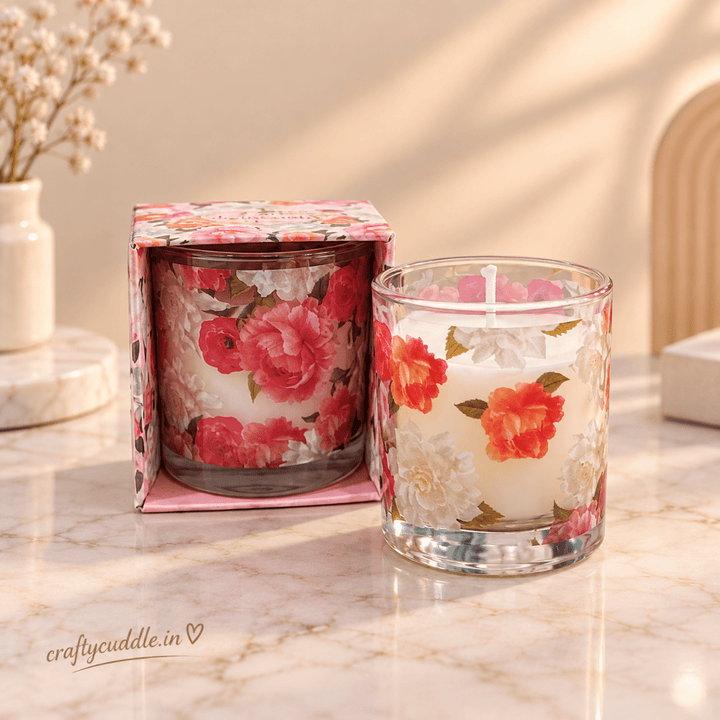 Floral Theme Glass Jar CandleCandlesCrafty CuddleFloral Theme Glass Jar Candle1 PcScentedCandles CandleGiftSet DecorativeCandles HomeDecor FragranceCandles GiftSet CandleSet HomeDecorIndia FestiveGifting CraftyCuddle