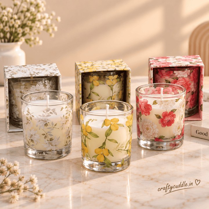 Floral Theme Glass Jar CandleCandlesCrafty CuddleFloral Theme Glass Jar Candle1 PcScentedCandles CandleGiftSet DecorativeCandles HomeDecor FragranceCandles GiftSet CandleSet HomeDecorIndia FestiveGifting CraftyCuddle