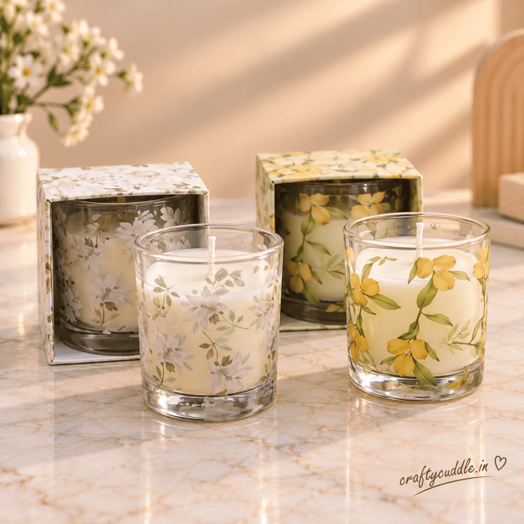 Floral Theme Glass Jar CandleCandlesCrafty CuddleFloral Theme Glass Jar Candle1 PcScentedCandles CandleGiftSet DecorativeCandles HomeDecor FragranceCandles GiftSet CandleSet HomeDecorIndia FestiveGifting CraftyCuddle