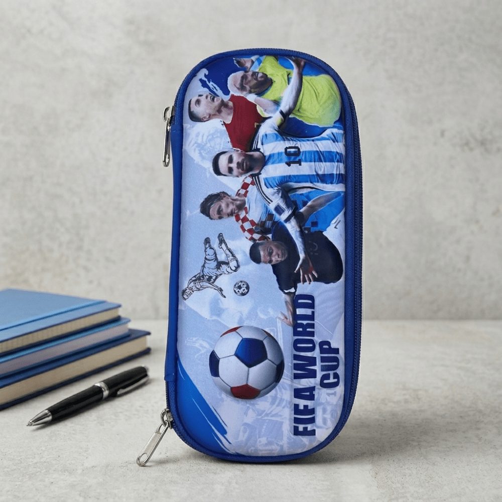 Football Theme EVA Pencil PouchPencil PouchCrafty CuddlePencil case with soccer - themed design featuring players and a ball, placed on a surface with books and a pen.Blue &amp; GreyFootballPencilBox SportsStationery KidsStationery PencilCase SchoolSupplies BoysStationery EVAPencilBox FootballTheme BackToSchool StationeryLoverStationeryAddict