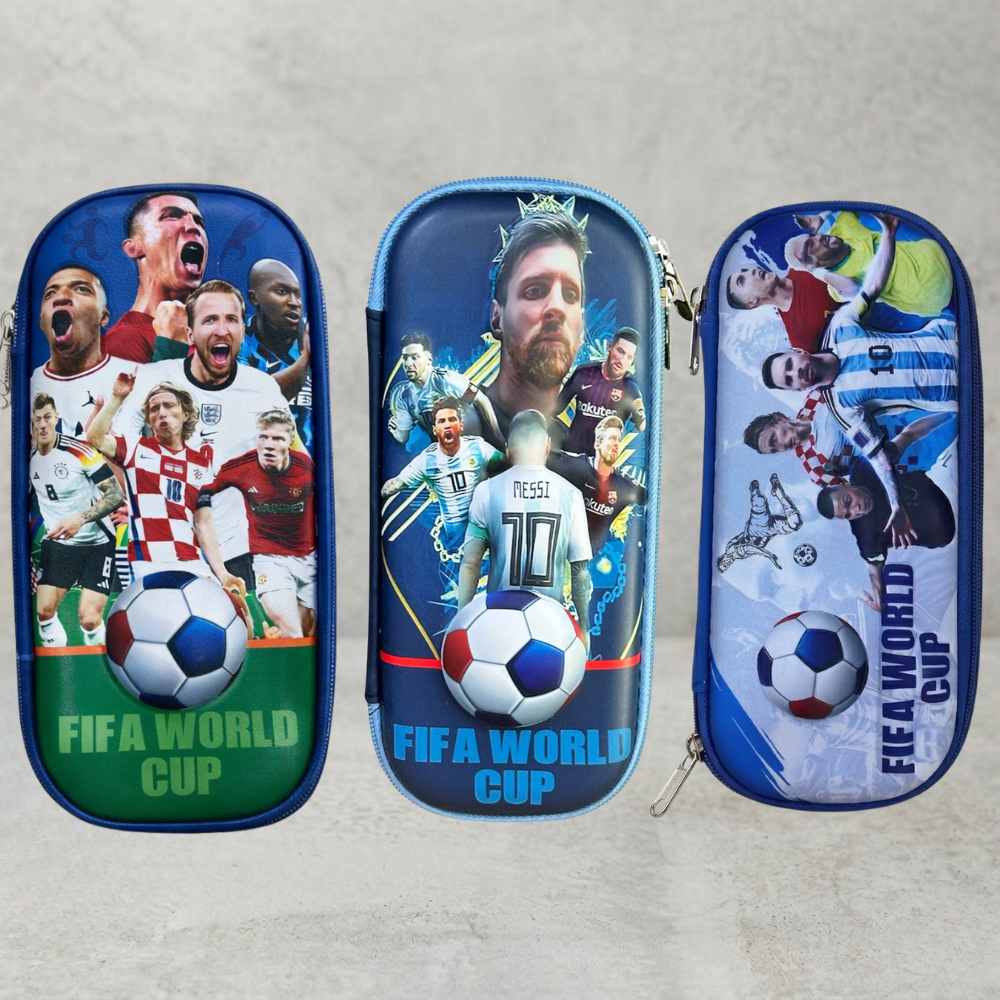 Football Theme EVA Pencil PouchPencil PouchCrafty CuddleThree pencil cases featuring images of soccer players and the FIFA World Cup logo on a gray background.Blue &amp; GreyFootballPencilBox SportsStationery KidsStationery PencilCase SchoolSupplies BoysStationery EVAPencilBox FootballTheme BackToSchool StationeryLoverStationeryAddict