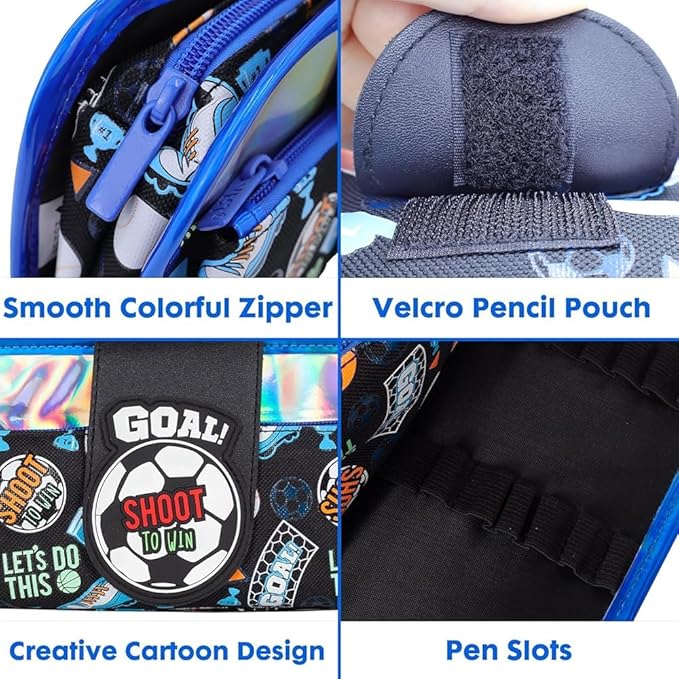 Four-column image of Football kids' pencil pouch showcasing smooth colorful zipper, velcro closure, creative cartoon design.