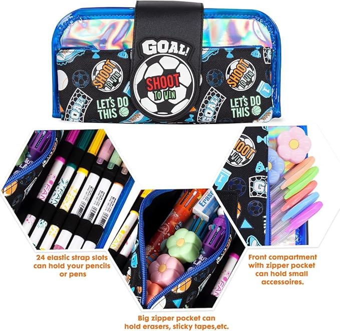 Football pencil pouch with 24 elastic strap slots can hold your pencils or pens, and the big zipper pocket can hold eraser.