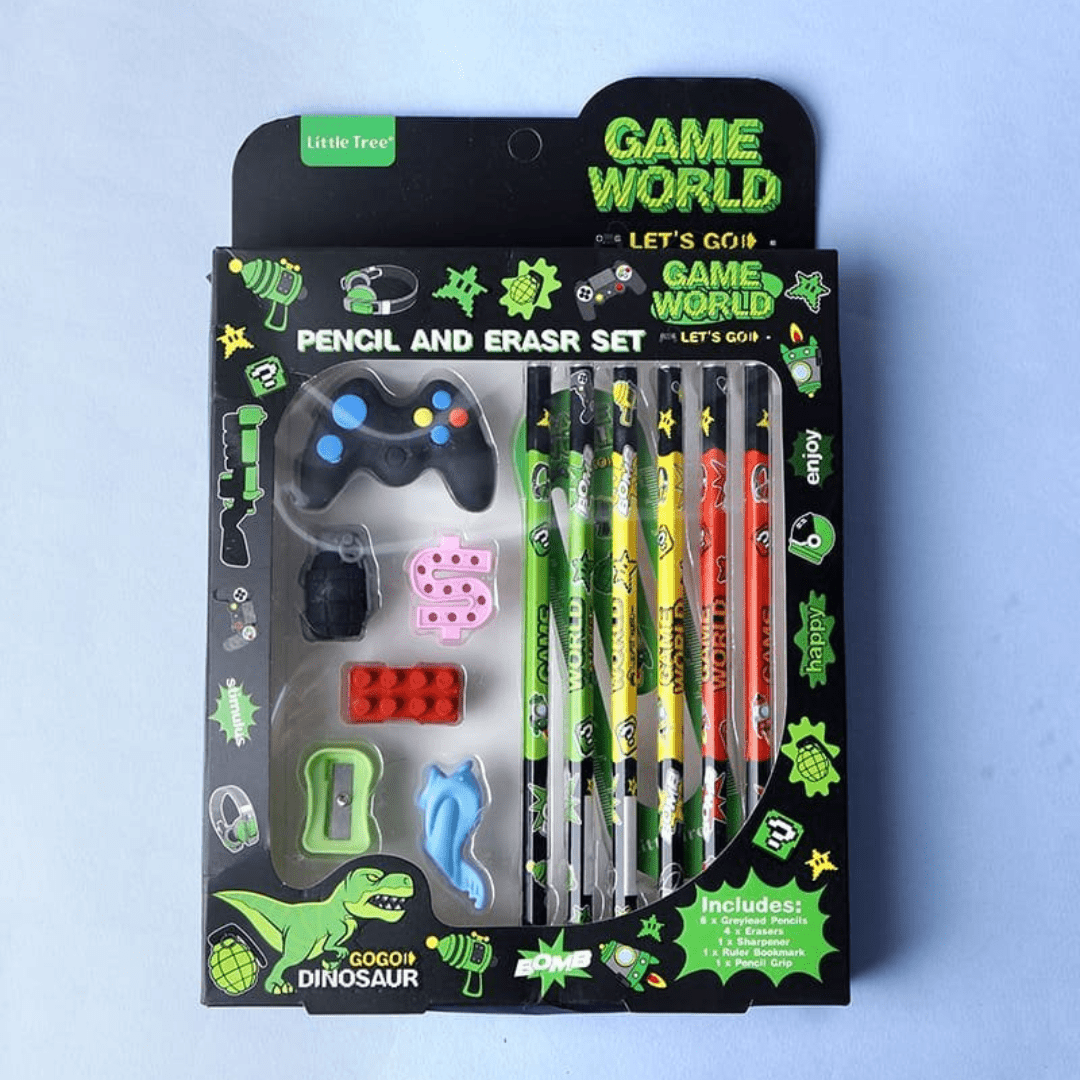 Pencil and eraser set packaging with game-themed design on a light blue background