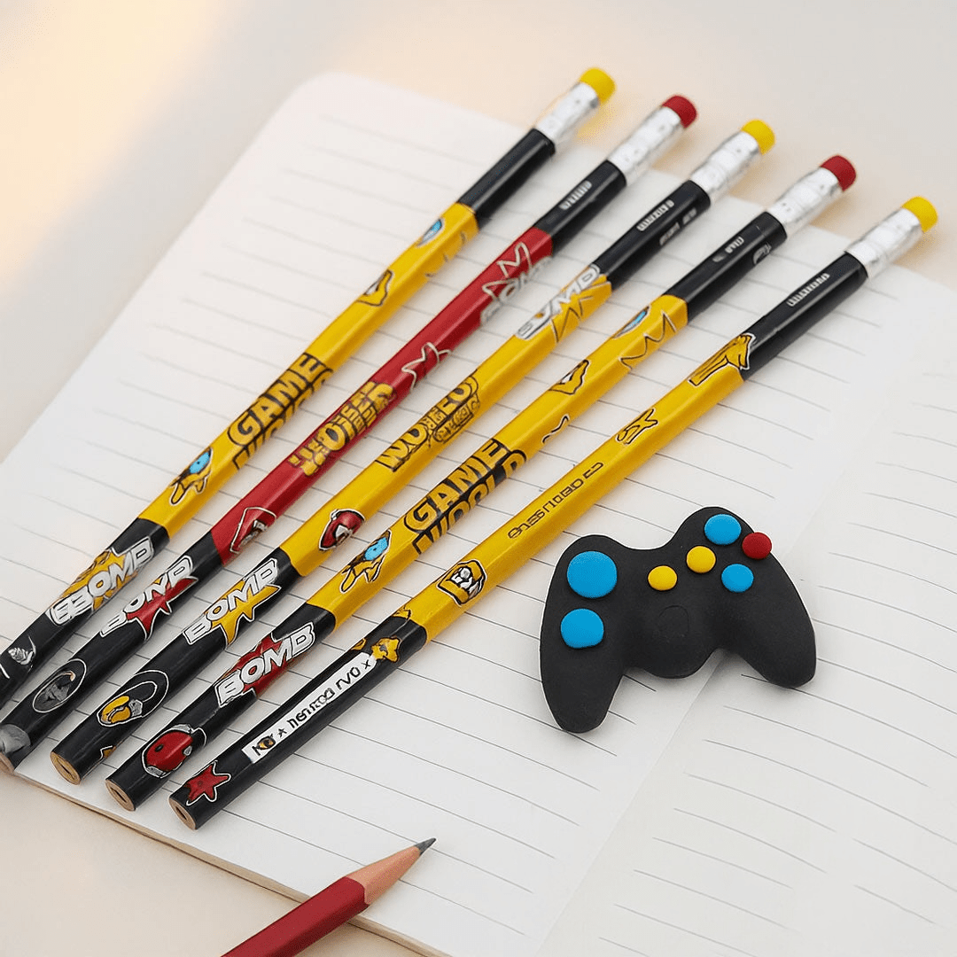 Set of colorful pencils with game controller eraser on a notebook page