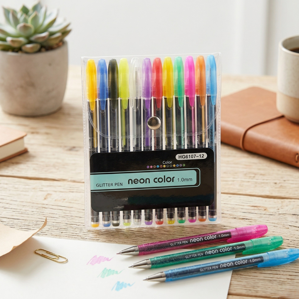 Glitter Neon Gel Pens - Pack of 12Crafty CuddlePack of neon color glitter pens on a desk with a plant and notebook in the backgroundNeon Glitter Pen_12