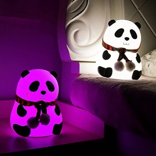 Adorable panda night lamp showing warm white and purple LED light modes – perfect for kids' room decor, nursery ambiance, and soothing bedtime lighting