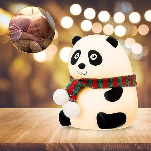 Baby girl sleeping peacefully beside adorable panda lamp with eye-friendly 7 color LED, perfect night light for babies and kids