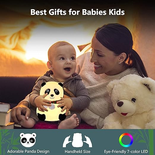 Cute kid sitting on mother's lap holding adorable handheld panda lamp with 7 color LED, eye-friendly light – best gift for babies and kids
