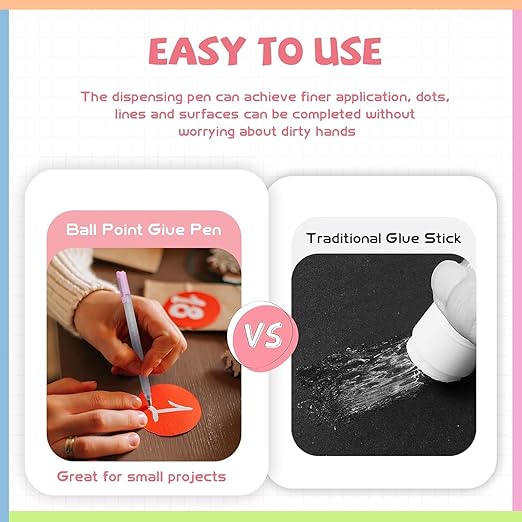 Comparison of a ballpoint glue pen and a traditional glue stick with text &