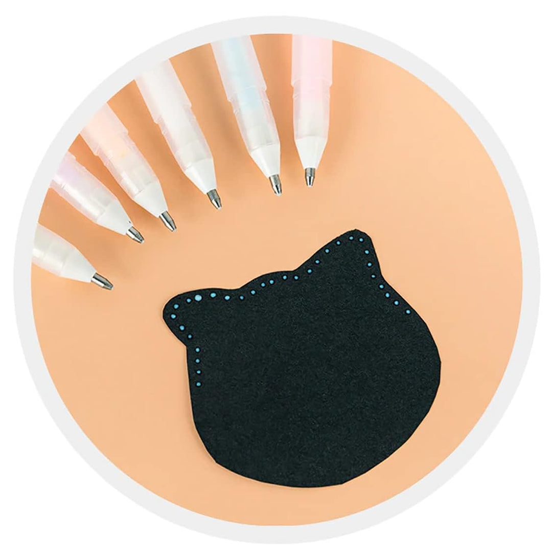 Black cat-shaped sticker on a peach-colored background with white pens.