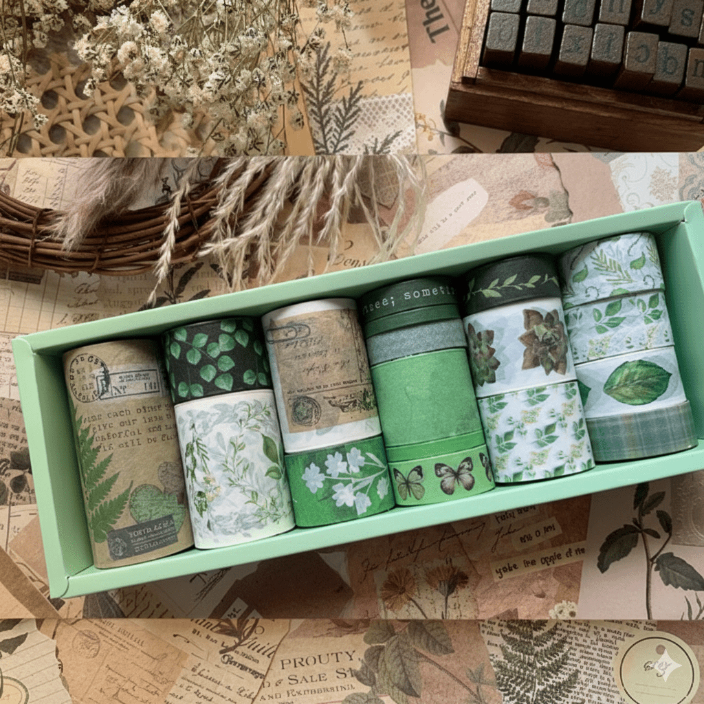 Green Botanical Washi Tape Set - 18 RollsDecorative Washi TapeCRAFTY CUDDLESet of washi tape rolls in a green box on a vintage paper backgroundwashitape washitapelove washitapeaddict botanicalstationery natureinspired greenaesthetic journaling junkjournal artjournaling scrapbooking creativejournaling aestheticstationery stationerylovers