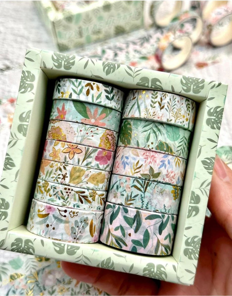 Green Floral Washi Tape Set- 12 Rolls