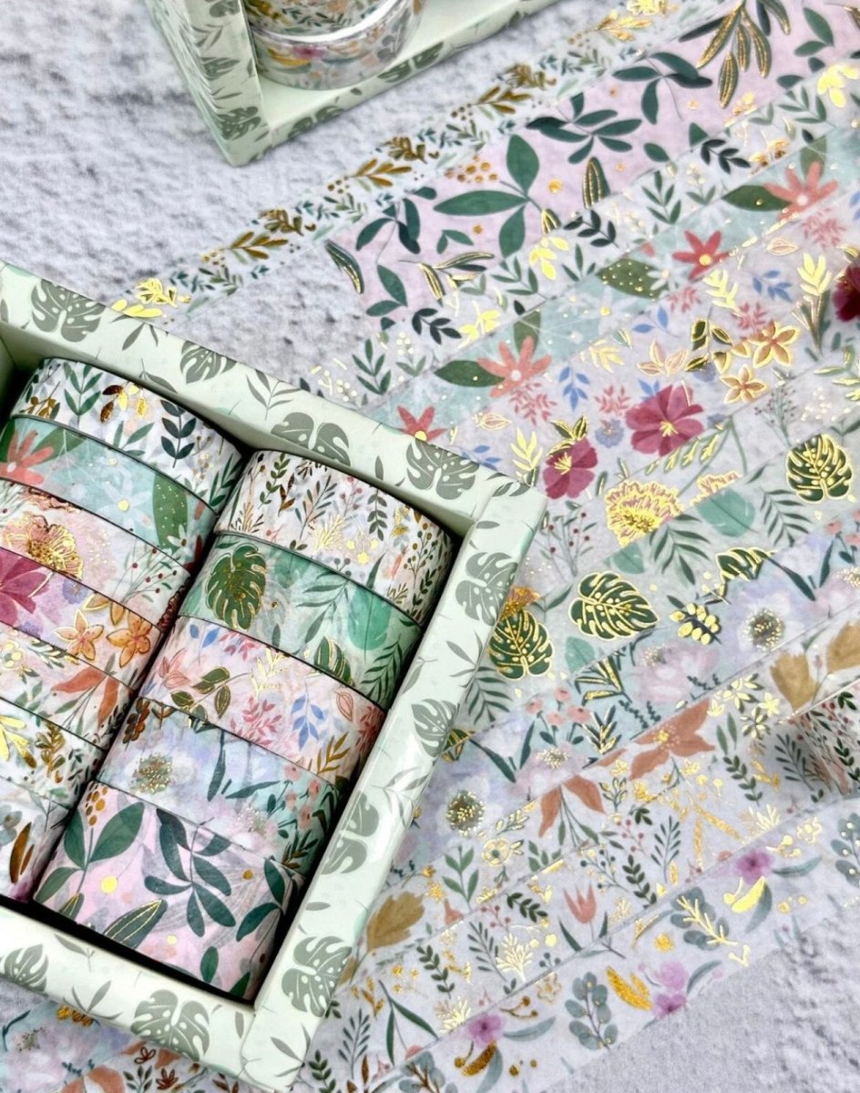 Green Floral Washi Tape SetDecorative Washi TapeCRAFTY CUDDLESet of floral - patterned boxes on a textured surfaceart journalingbotanical tape
