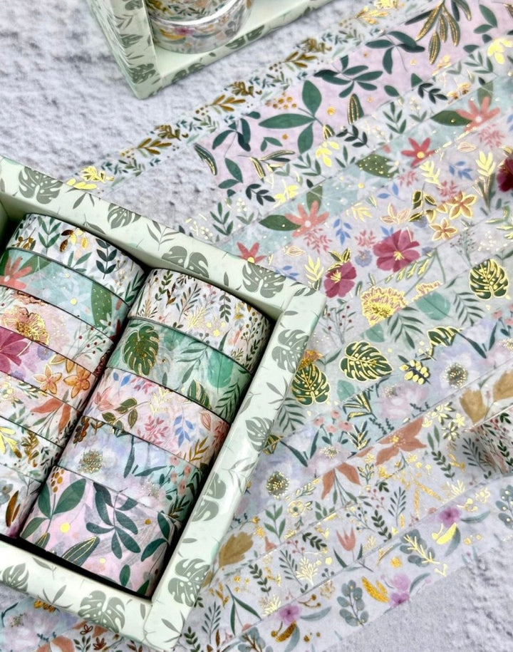 Green Floral Washi Tape SetDecorative Washi TapeCRAFTY CUDDLESet of floral - patterned boxes on a textured surfaceart journalingbotanical tape
