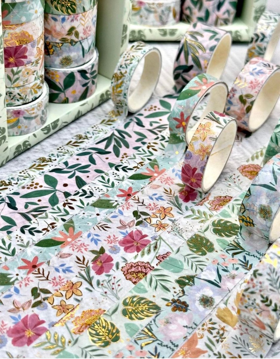 Green Floral Washi Tape SetDecorative Washi TapeCRAFTY CUDDLEFloral - patterned tape rolls on a tableart journalingbotanical tape