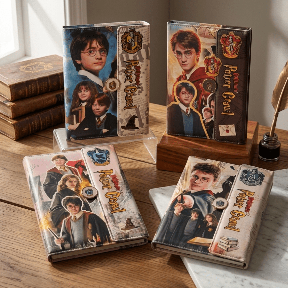Harry Potter Inspired Diary for Kids &amp; TeensDiaryCrafty CuddleFour Harry Potter - themed diaries on a wooden surface with books and an inkwell in the background.HarryPotterInspired WizardDiary FantasyNotebook MagicThemeDiary AestheticJournal KidsStationery DiaryForTeens CuteNotebook WizardSchoolTheme JournalLoversStationeryAddict