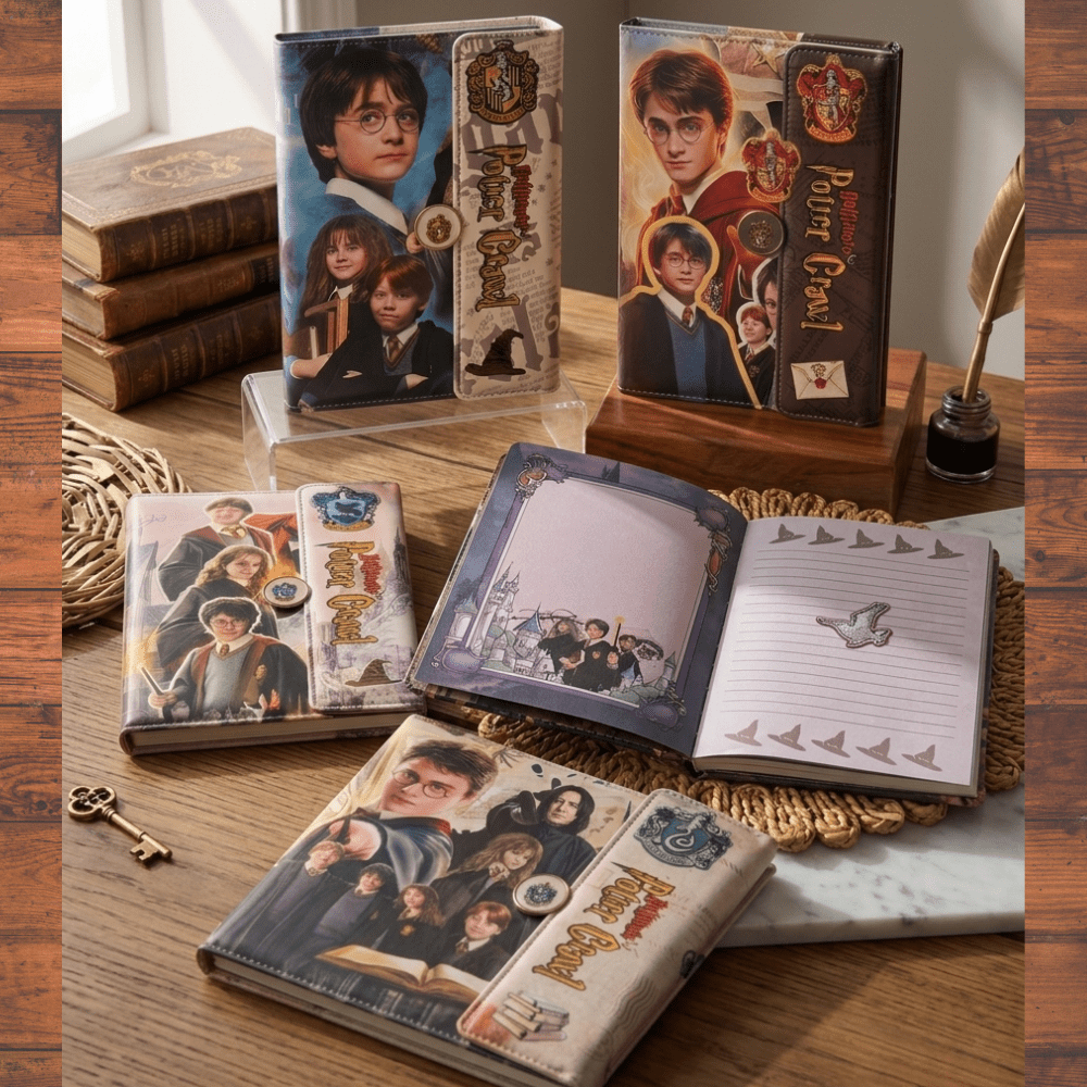 Harry Potter Inspired Diary for Kids &amp; TeensDiaryCrafty CuddleCollection of Harry Potter - themed notebooks and stationery on a wooden surface.HarryPotterInspired WizardDiary FantasyNotebook MagicThemeDiary AestheticJournal KidsStationery DiaryForTeens CuteNotebook WizardSchoolTheme JournalLoversStationeryAddict