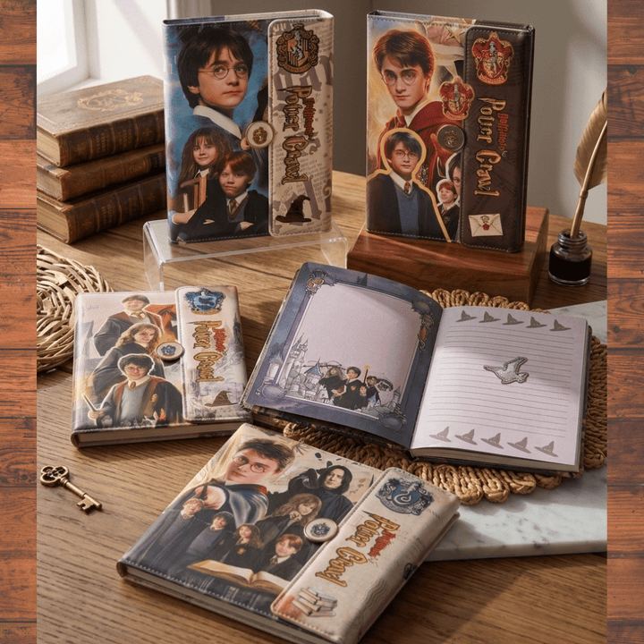 Harry Potter Inspired Diary for Kids &amp; TeensDiaryCrafty CuddleCollection of Harry Potter - themed notebooks and stationery on a wooden surface.HarryPotterInspired WizardDiary FantasyNotebook MagicThemeDiary AestheticJournal KidsStationery DiaryForTeens CuteNotebook WizardSchoolTheme JournalLoversStationeryAddict