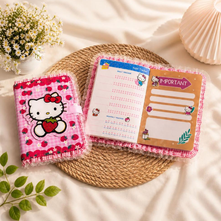 Hello Kitty Magnetic Closure DiaryDiaryCrafty CuddleHello Kitty - themed planner and to - do list on a textured surface with flowers and leaves.HelloKitty HelloKittyDiary KawaiiStationery CuteDiary NotebookLove JournalAddict StationeryAddict AestheticStationery GiftForGirls SchoolSuppliesStationeryAddict
