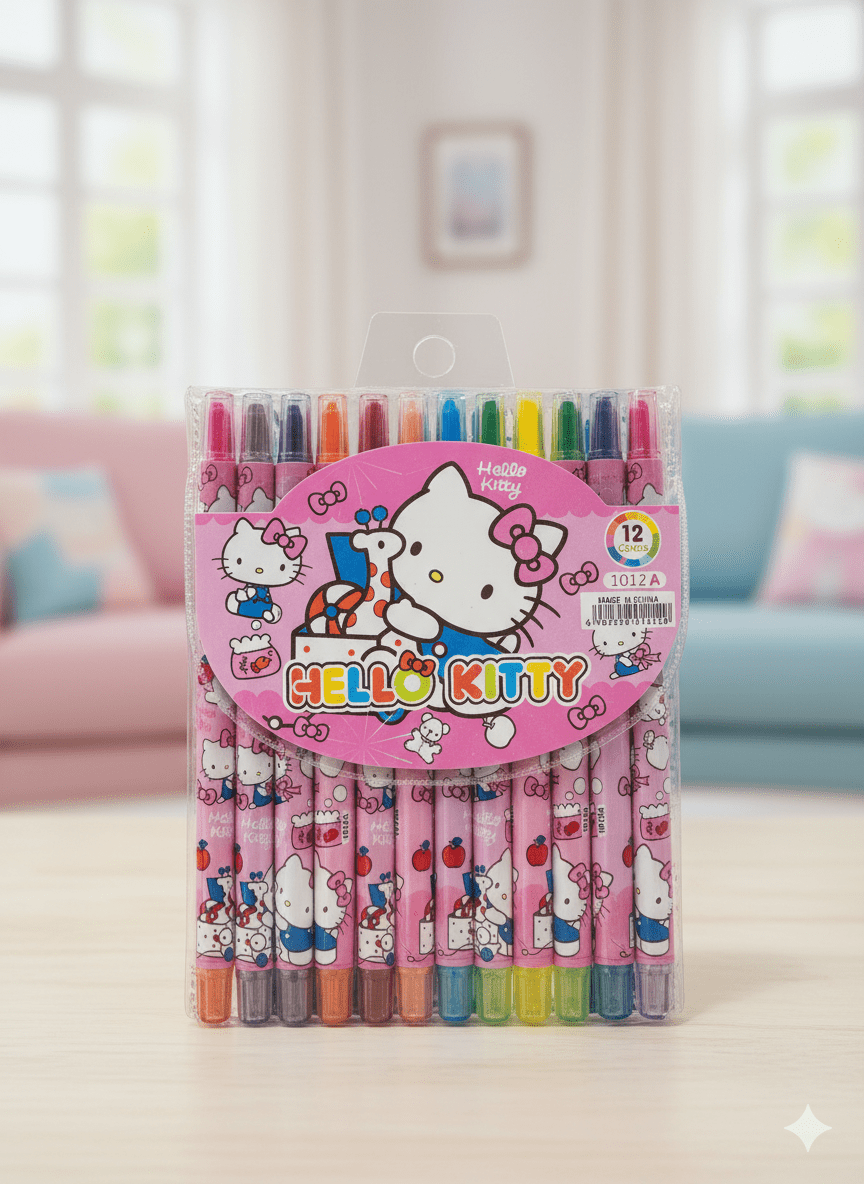 Hello Kitty Rolling CrayonsKids’ Art SuppliesCRAFTY CUDDLEPack of Hello Kitty crayons on a blurred indoor backgroundartartistsoninstagram