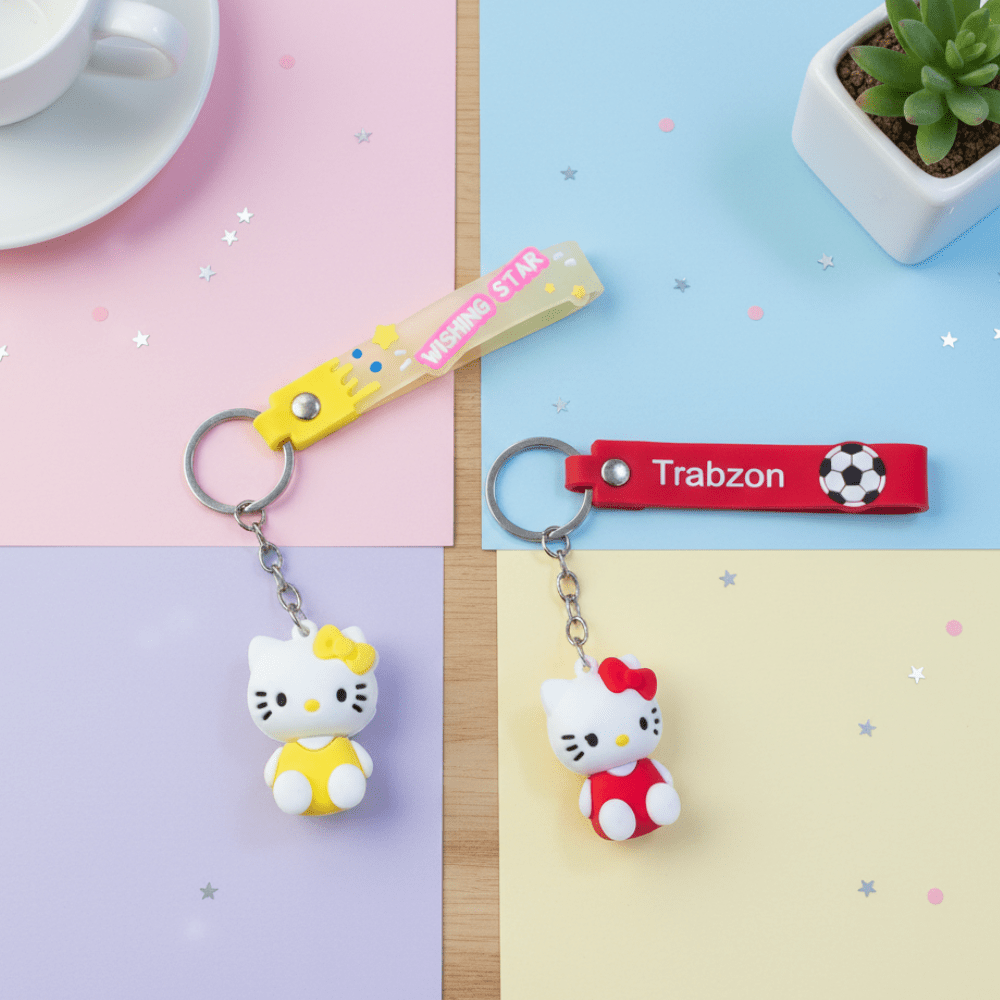 Hello Kitty Silicone KeychainKeychainsCRAFTY CUDDLETwo Hello Kitty keychains on a colorful background with a cup and plant.1CuteKeychain CartoonCat KawaiiAccessories KittyKeychain GirlsBagCharm BackpackCharm SiliconeKeychain ReturnGifts TrendyKeychains GiftForGirls