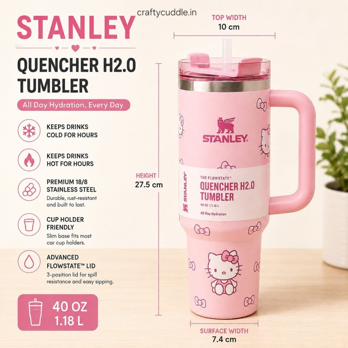 Hello Kitty Stainless Steel TumblerTumblersCrafty CuddlePink Stanley Quencher H2.0 Tumbler with Hello Kitty print, shown with dimensions and feature callouts on a light wood background.CreamHello Kitty Tumbler