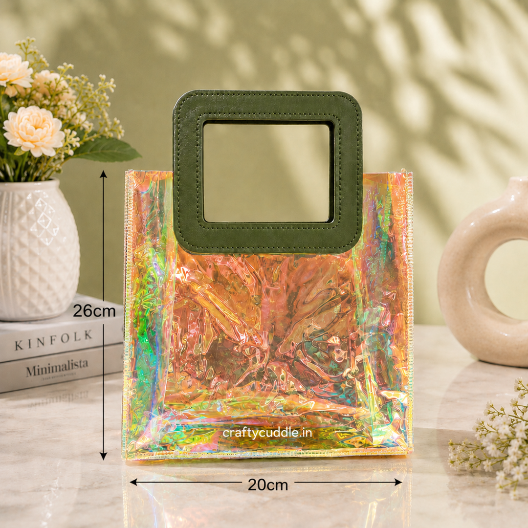 Holographic Gift Hamper BagTransparent bagCrafty CuddleHolographic Gift Hamper BagOlive GreenGiftBag GiftHampers GiftPackaging IridescentBag HolographicBag ReturnGifts PartyFavors BirthdayGifts WeddingGifts FestiveGifting GiftIdeas GiftBasket HamperPackaging ReusableBag TrendyGiftBag