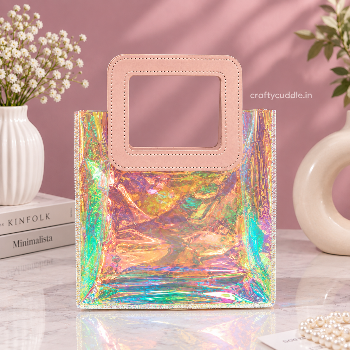 Holographic Gift Hamper BagTransparent bagCrafty CuddleHolographic Gift Hamper BagPinkGiftBag GiftHampers GiftPackaging IridescentBag HolographicBag ReturnGifts PartyFavors BirthdayGifts WeddingGifts FestiveGifting GiftIdeas GiftBasket HamperPackaging ReusableBag TrendyGiftBag