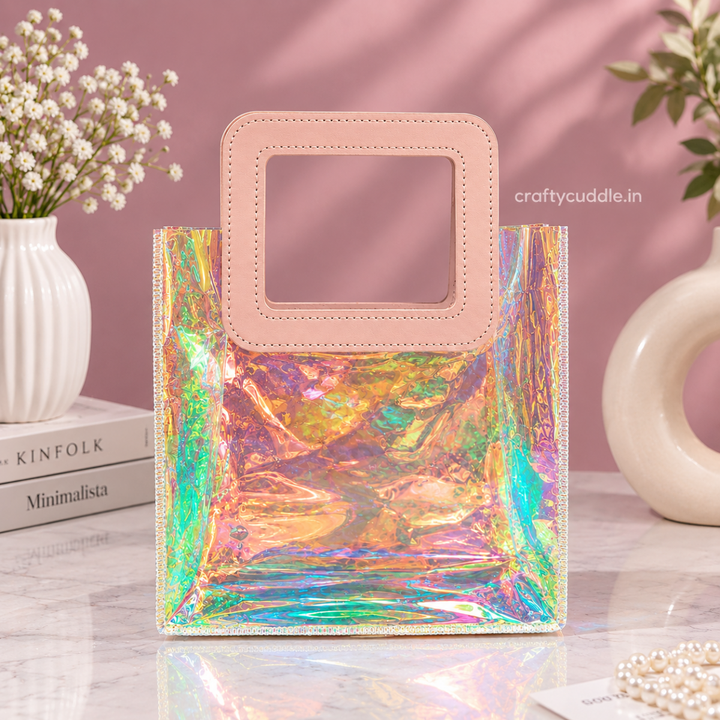 Holographic Gift Hamper BagTransparent bagCrafty CuddleHolographic Gift Hamper BagPinkGiftBag GiftHampers GiftPackaging IridescentBag HolographicBag ReturnGifts PartyFavors BirthdayGifts WeddingGifts FestiveGifting GiftIdeas GiftBasket HamperPackaging ReusableBag TrendyGiftBag