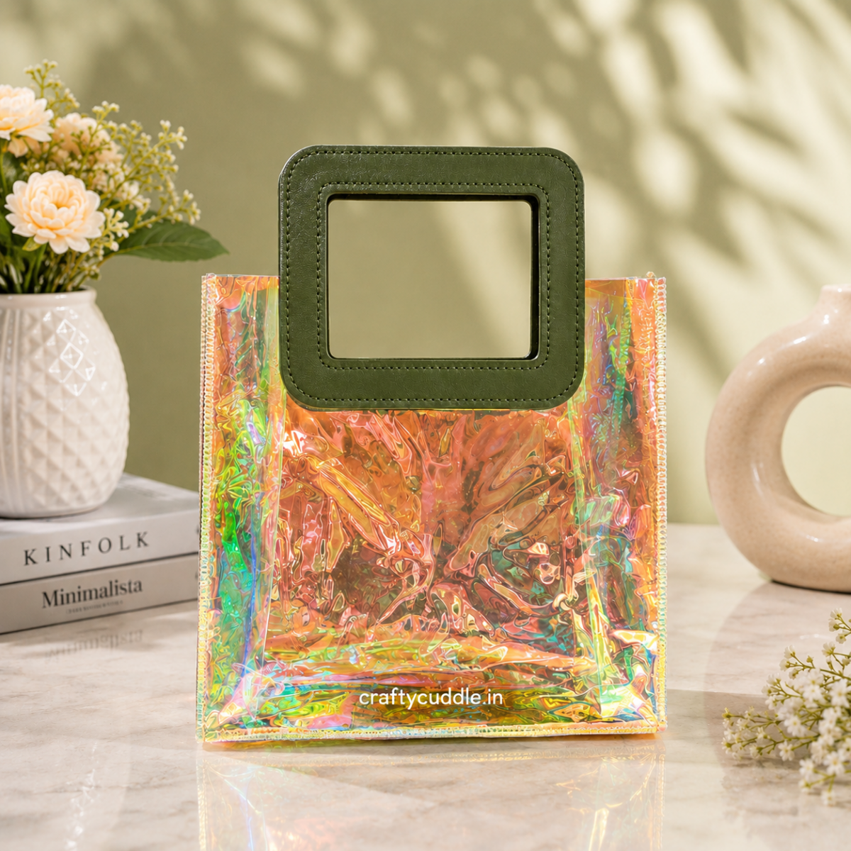 Holographic Gift Hamper BagTransparent bagCrafty CuddleHolographic Gift Hamper BagOlive GreenGiftBag GiftHampers GiftPackaging IridescentBag HolographicBag ReturnGifts PartyFavors BirthdayGifts WeddingGifts FestiveGifting GiftIdeas GiftBasket HamperPackaging ReusableBag TrendyGiftBag
