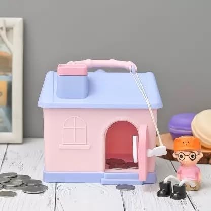 Pink hut-shaped piggy bank with lock and key for kids