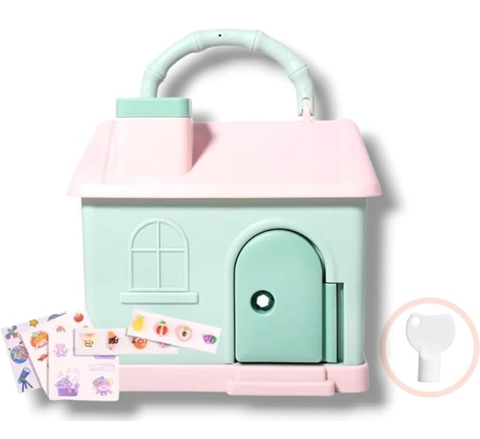 Green hut-shaped piggy bank with lock and key for kids