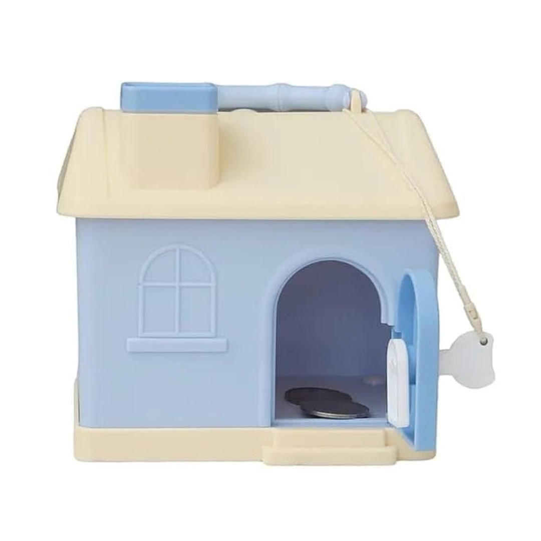 Blue and yellow hut-shaped piggy bank with lock and key for kids