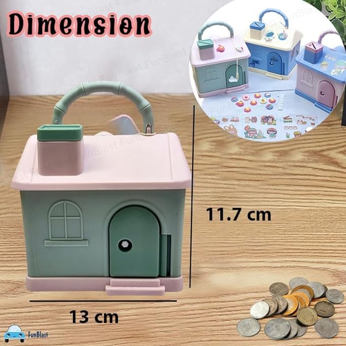 13 cm x 11.7 cm green house-style piggy bank with secure lock for kids