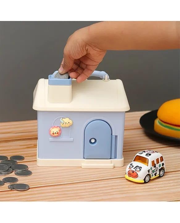Blue hut-shaped piggy bank with lock and key for kids