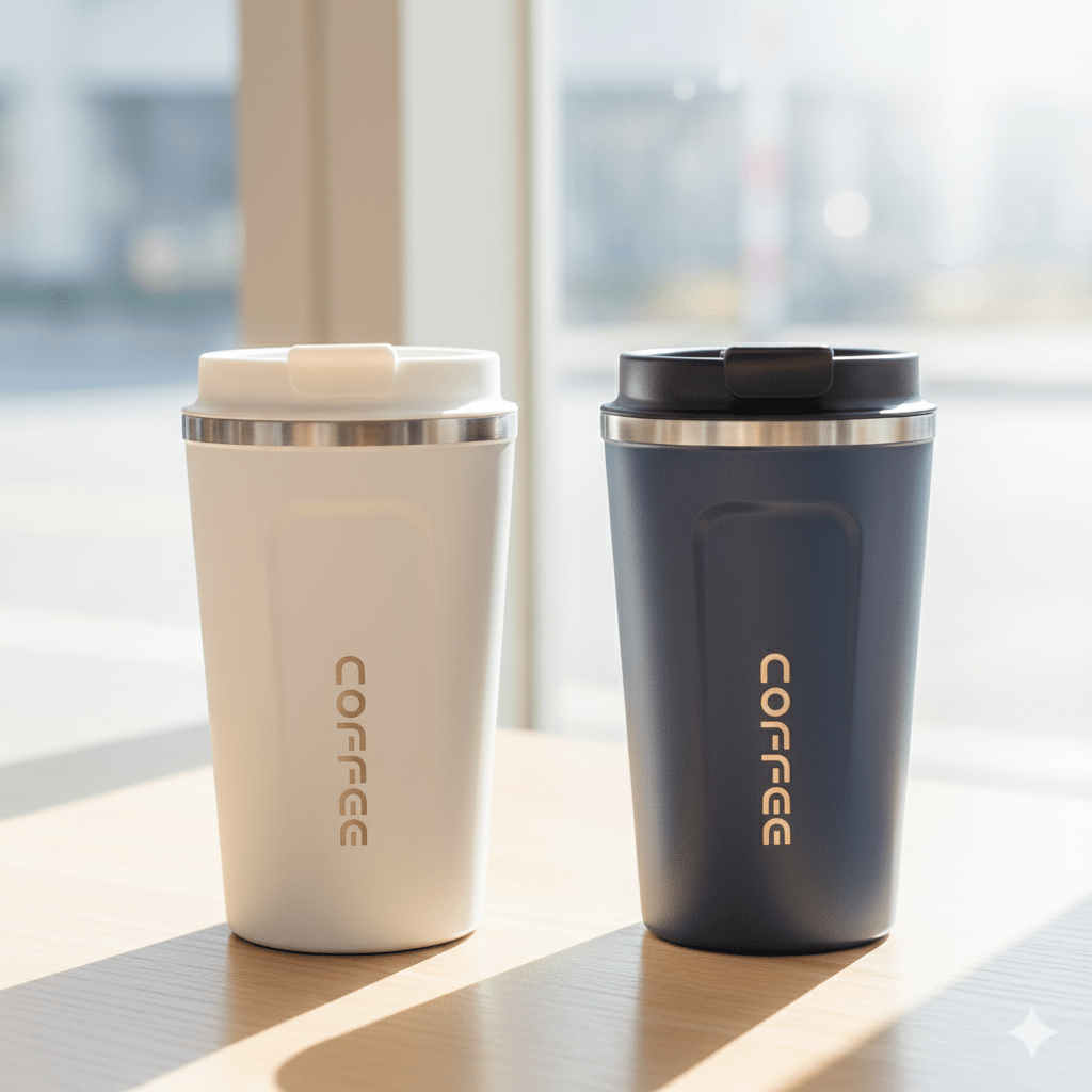 Insulated Coffee Tumbler with LidInsulated Coffee TumblerCRAFTY CUDDLETwo coffee tumblers, one white and one black, on a surface with a blurred window background.White