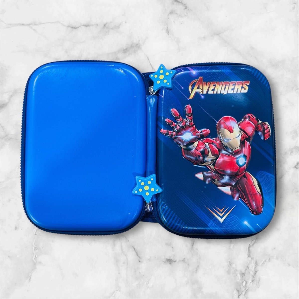 Back view of Iron Man pouch showing sturdy stitching and zipper


