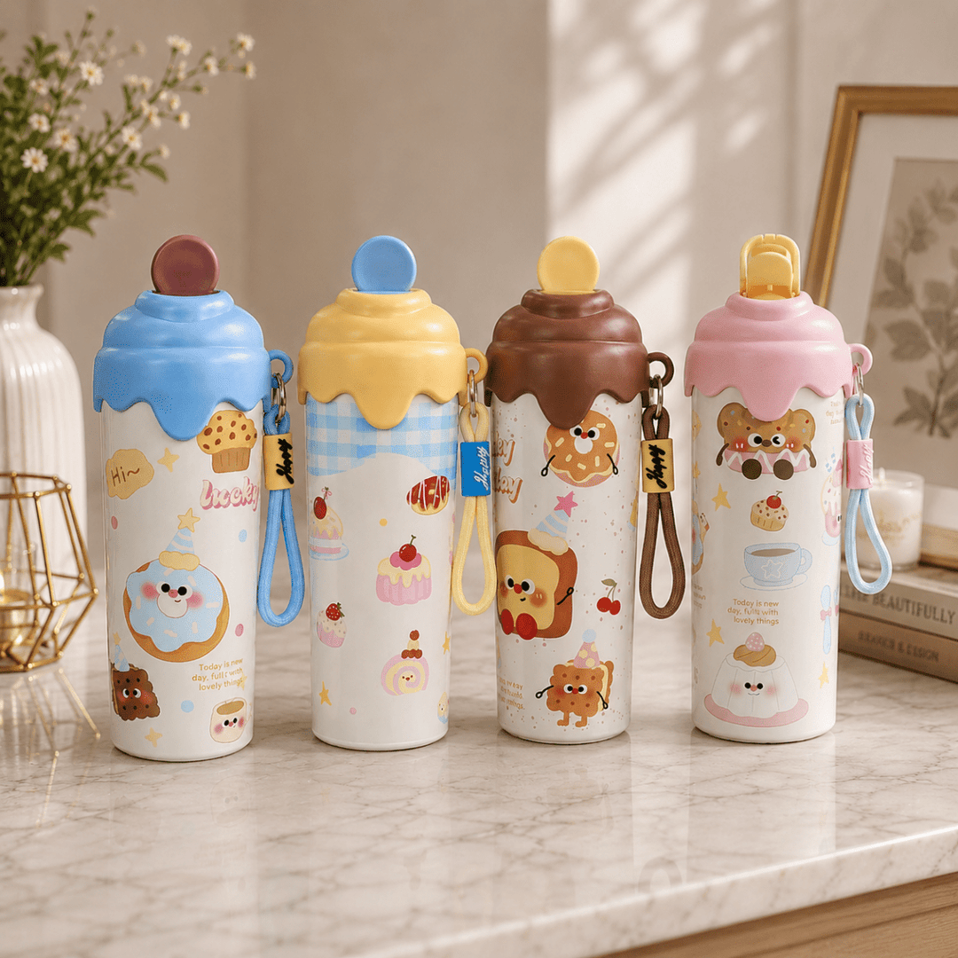 Kawaii Dessert Dream Stainless Steel BottleKids Water BottleCrafty CuddleFour cute cartoon water bottles lined up on a marble countertop. The bottles are white with colorful dessert and character prints, featuring matching colorful lids and wrist straps.BlueCuteWaterBottle KidsWaterBottle ThermosFlask InsulatedBottle StainlessSteelBottle BackToSchoolEssentials CuteStationery KidsLifestyle ReusableBottle ChicuTom