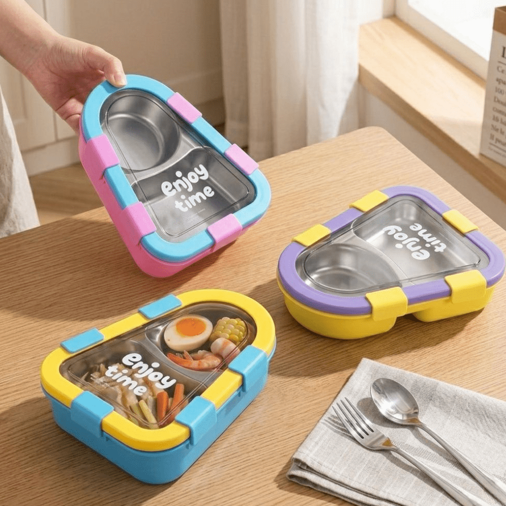 Kids 2 Compartment Lunch Box with Spoon &amp; ForkStainless Steel Lunch BoxCrafty CuddleColorful bento boxes with &