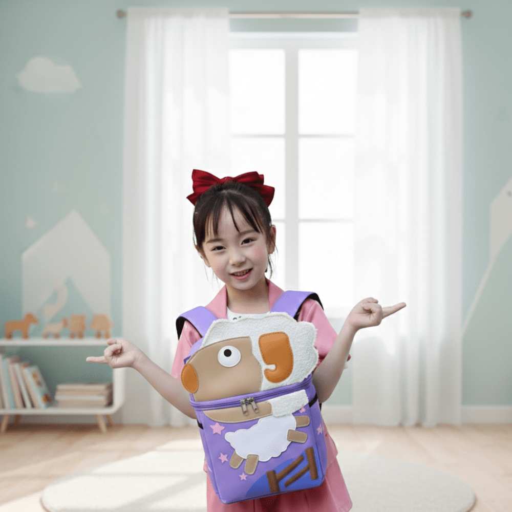 Kids 3D Animal BackpackKids BagsCRAFTY CUDDLEChild holding a cartoon backpack in a room with light blue walls and wooden floor.PinkKidsBackpack AnimalBackpack PreschoolBag ToddlerBackpack CartoonSchoolBag KindergartenBag MiniBackpackForKids CuteKidsBag SchoolBagForGirls SchoolBagForBoys